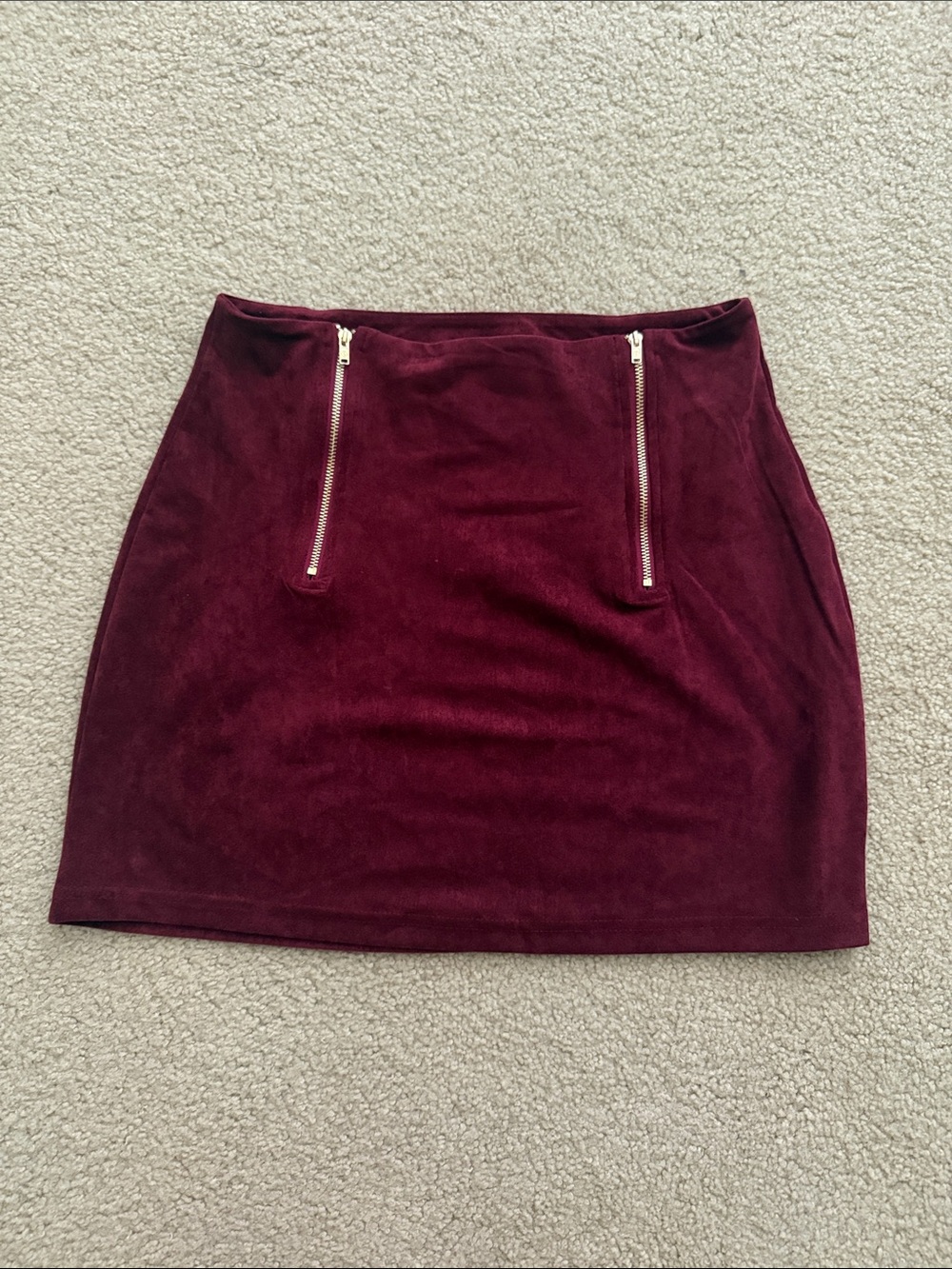 Burgundy Velvet Zip-Front Mini Skirt
